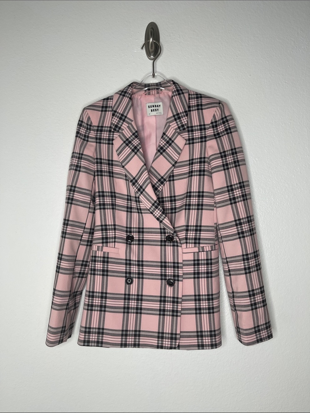 Aritzia Sunday Best Galt Pink Cluessless Double Breasted Plaid Blazer Size XXS